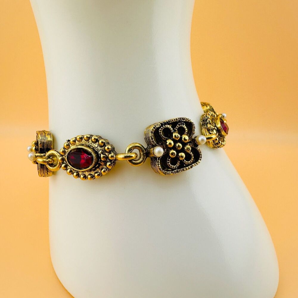 Vintage Victorian Revival Bracelet Red Rhinestone Gold Tone Faux Seed Pearl 6" - Picture 4 of 15